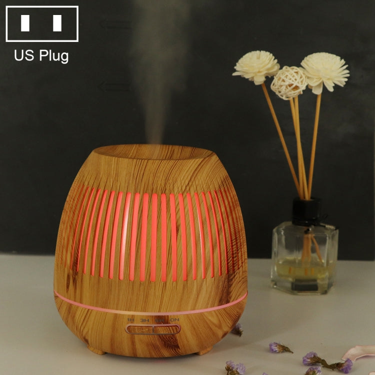 400ml Hollow-out LED Humidifier Wood Grain Air Purifier Aromatherapy Machine Automatic Alcohol Sprayer with Colorful LED Light, Plug Specification:US Plug(Light Brown) - free shipping - PMC TechLife - Order now!