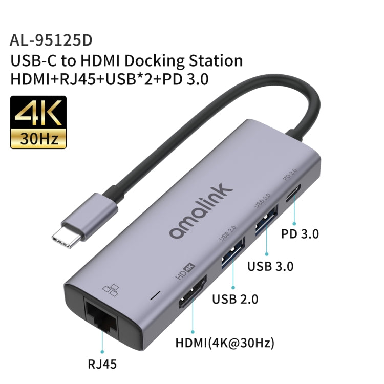 amalink 95125D Type-C / USB-C to HDMI + RJ45 + 2 Ports USB + PD 3.0 Multi-function HUB(Grey) - free shipping - PMC Jewellery - Order now!