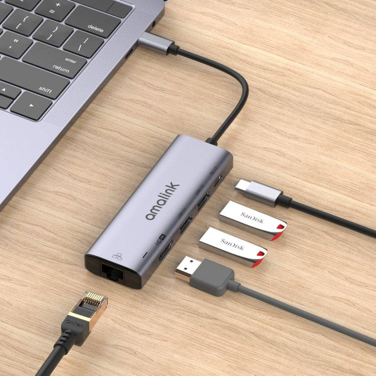amalink 95125D Type-C / USB-C to HDMI + RJ45 + 2 Ports USB + PD 3.0 Multi-function HUB(Grey) - free shipping - PMC Jewellery - Order now!