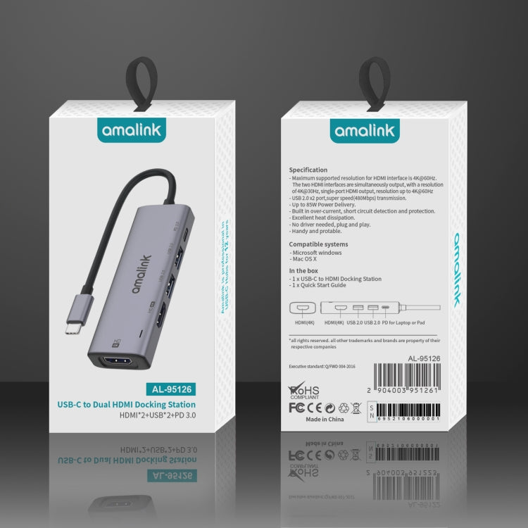 amalink 95126 Type-C / USB-C to Dual HDMI + 2 Ports USB + PD 3.0 Multi-function HUB(Grey) - free shipping - PMC Jewellery - Order now!