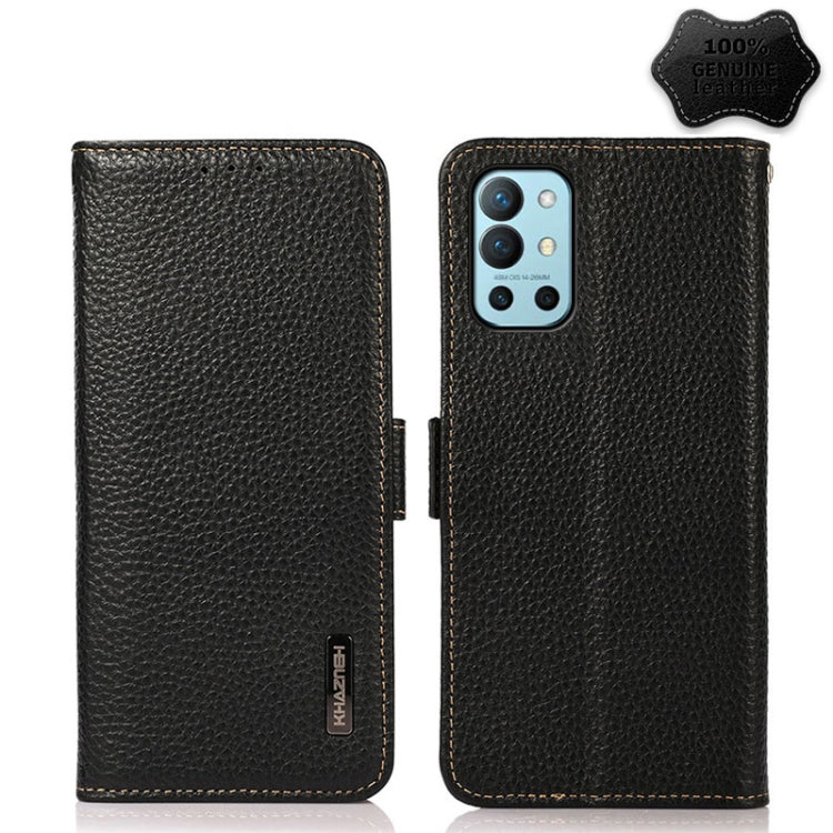 For OnePlus 9R KHAZNEH Side-Magnetic Litchi Genuine Leather RFID Phone Case(Black) - OnePlus Cases by PMC TechLife | Online Shopping South Africa | PMC TechLife | Buy Now Pay Later Mobicred