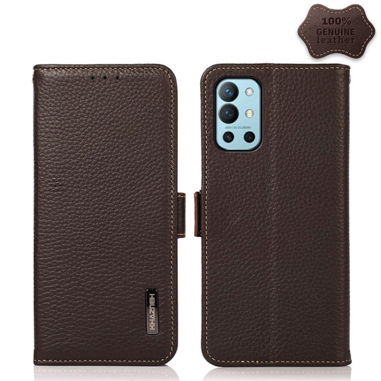 For OnePlus 9R KHAZNEH Side-Magnetic Litchi Genuine Leather RFID Phone Case(Brown) - OnePlus Cases by PMC TechLife | Online Shopping South Africa | PMC TechLife | Buy Now Pay Later Mobicred