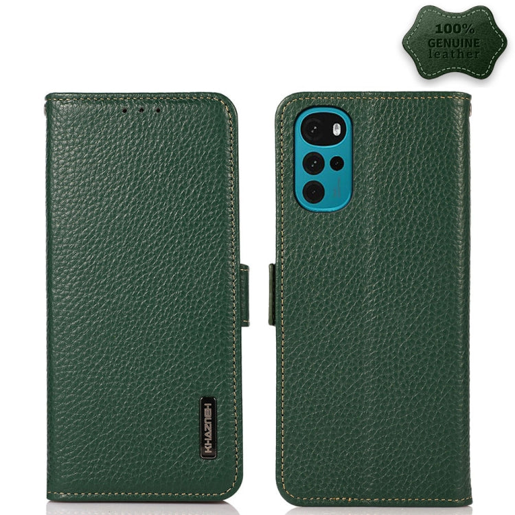 For Motorola Moto G22 KHAZNEH Side-Magnetic Litchi Genuine Leather RFID Phone Case(Green) - free shipping - PMC TechLife - Order now!