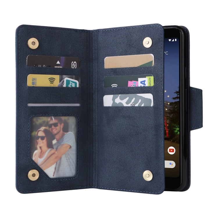 For Google Pixel 3A Rivet Buckle 9 Cards Three Fold Leather Phone Case(Blue) - Google Cases by PMC TechLife | Online Shopping South Africa | PMC TechLife | Buy Now Pay Later Mobicred