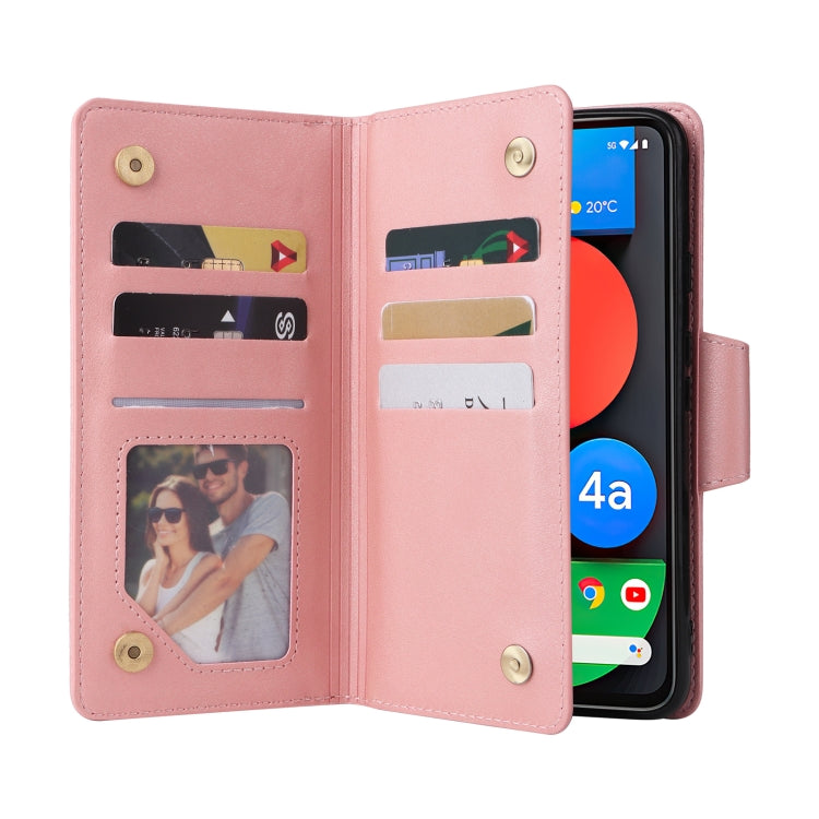 For Google Pixel 4A 5G Rivet Buckle 9 Cards Three Fold Leather Phone Case(Rose Gold) - Google Cases by PMC TechLife | Online Shopping South Africa | PMC TechLife | Buy Now Pay Later Mobicred