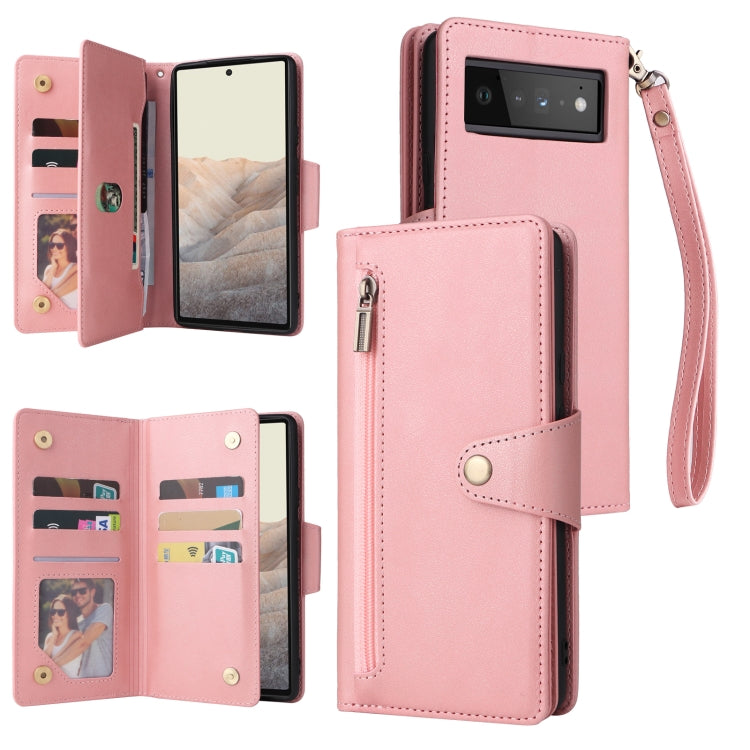 For Google Pixel 6 Pro Rivet Buckle 9 Cards Three Fold Leather Phone Case(Rose Gold) - Google Cases by PMC TechLife | Online Shopping South Africa | PMC TechLife | Buy Now Pay Later Mobicred