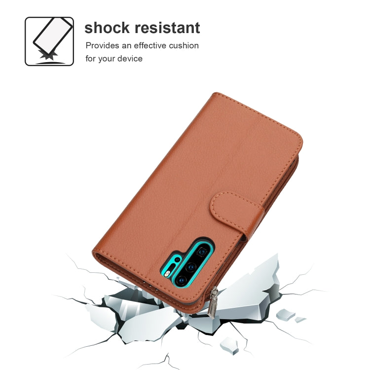 For Huawei P30 Pro Microfiber Zipper Horizontal Flip Leather Case(Brown) - Huawei Cases by PMC TechLife | Online Shopping South Africa | PMC TechLife | Buy Now Pay Later Mobicred