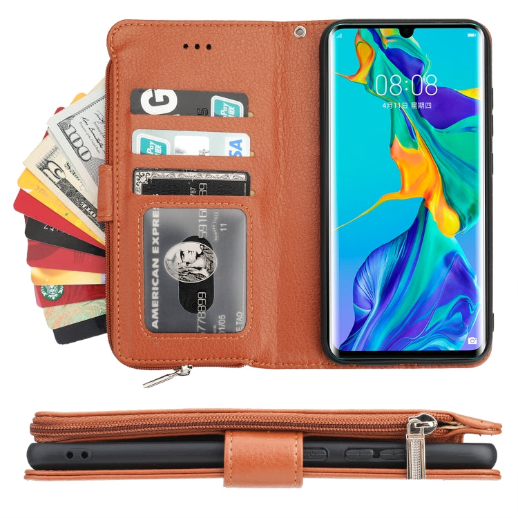 For Huawei P30 Pro Microfiber Zipper Horizontal Flip Leather Case(Brown) - Huawei Cases by PMC TechLife | Online Shopping South Africa | PMC TechLife | Buy Now Pay Later Mobicred