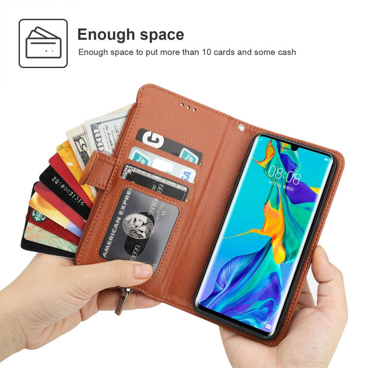 For Huawei P30 Pro Microfiber Zipper Horizontal Flip Leather Case(Brown) - Huawei Cases by PMC TechLife | Online Shopping South Africa | PMC TechLife | Buy Now Pay Later Mobicred