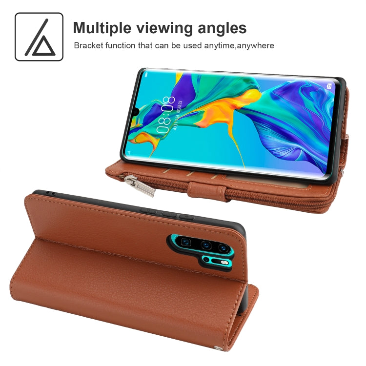 For Huawei P30 Pro Microfiber Zipper Horizontal Flip Leather Case(Brown) - Huawei Cases by PMC TechLife | Online Shopping South Africa | PMC TechLife | Buy Now Pay Later Mobicred