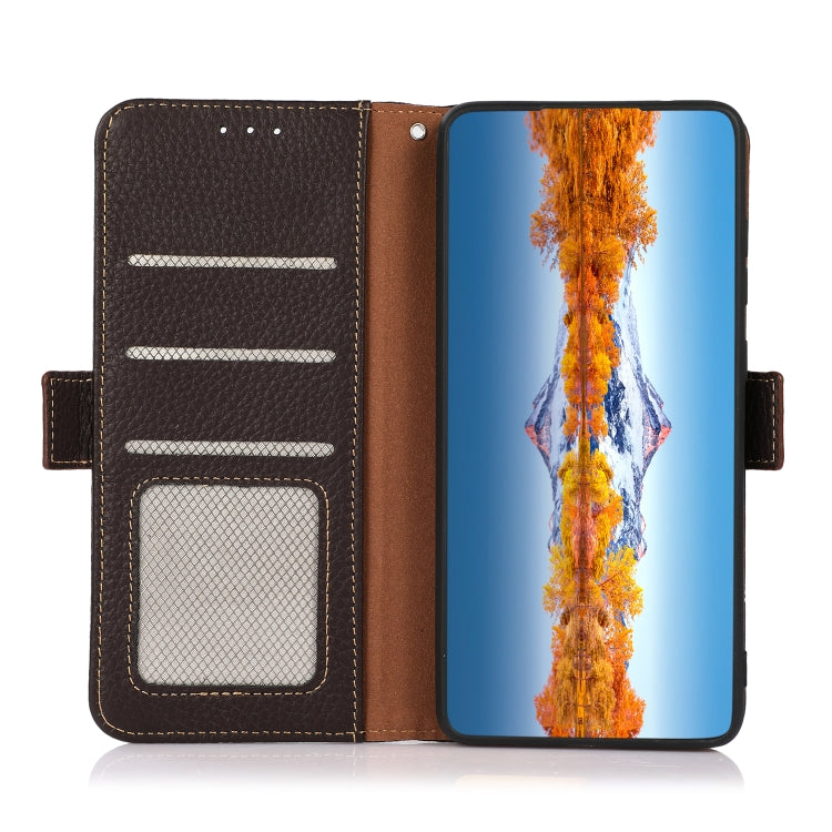 For Motorola Moto G 2022 5G KHAZNEH Side-Magnetic Litchi Genuine Leather RFID Phone Case(Brown) - Motorola Cases by PMC TechLife | Online Shopping South Africa | PMC TechLife | Buy Now Pay Later Mobicred
