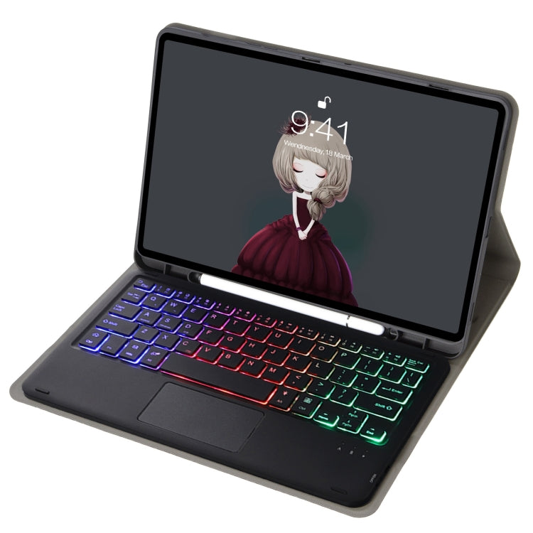 A11B-AS Lambskin Pen Slot Touch Pad Backlight Bluetooth Keyboard Leather Tablet Case For iPad Air 2022&2020 / Pro 11 2021&2020&2018(Black) - For iPad Pro by PMC TechLife | Online Shopping South Africa | PMC TechLife