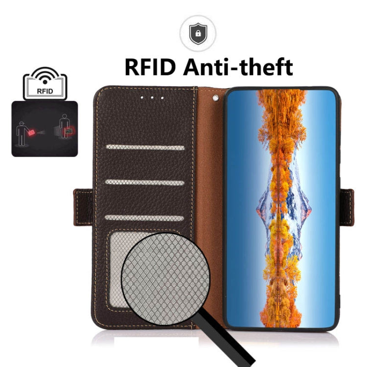 For Nokia C21 Plus KHAZNEH Side-Magnetic Litchi Genuine Leather RFID Phone Case(Brown) - Nokia Cases by PMC TechLife | Online Shopping South Africa | PMC TechLife | Buy Now Pay Later Mobicred