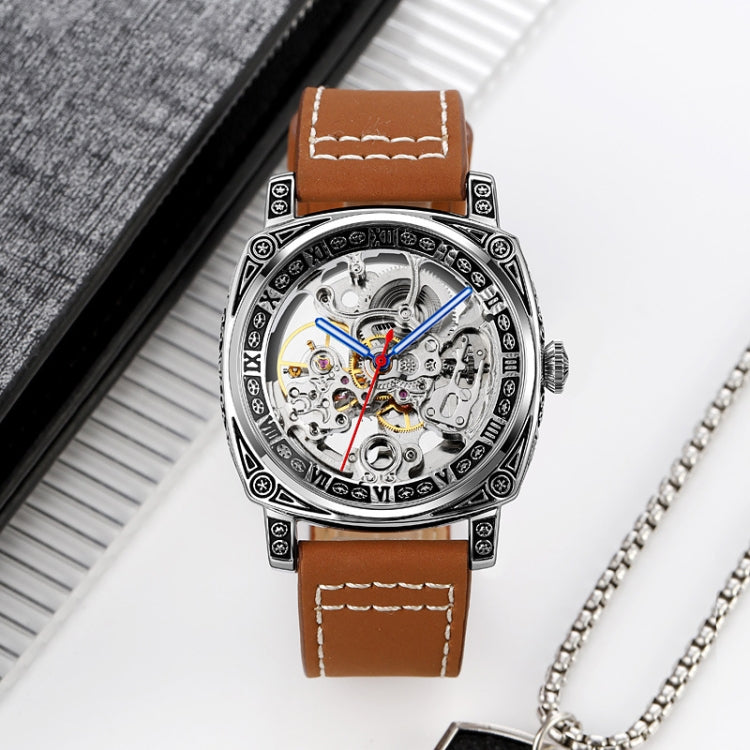 SKMEI 9271 Stainless Steel Buckle Leather Strap Waterproof Mechanical Watch(Brown) - free shipping - PMC TechLife - Order now!