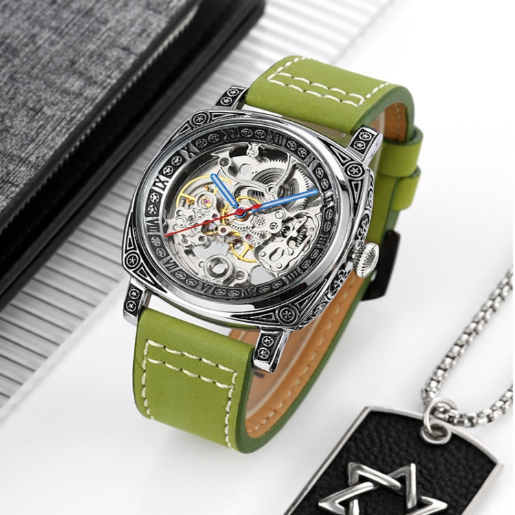 SKMEI 9271 Stainless Steel Buckle Leather Strap Waterproof Mechanical Watch(Green) - free shipping - PMC TechLife - Order now!