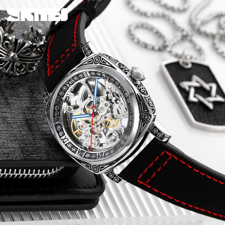 SKMEI 9271 Stainless Steel Buckle Leather Strap Waterproof Mechanical Watch(Black) - free shipping - PMC TechLife - Order now!