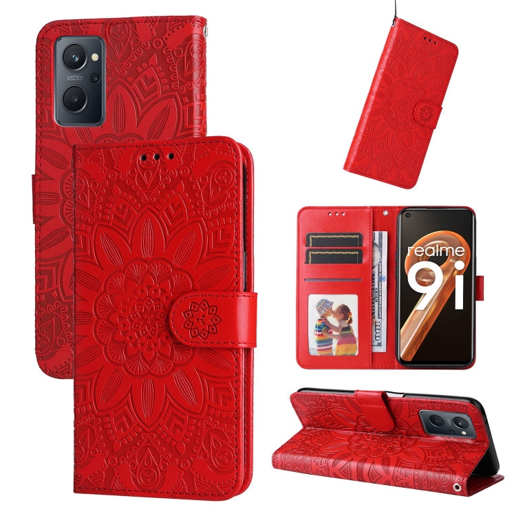 For OPPO Realme 9i / A36 4G / A76 4G Embossed Sunflower Leather Phone Case(Red) - Realme Cases by PMC TechLife | Online Shopping South Africa | PMC TechLife | Buy Now Pay Later Mobicred