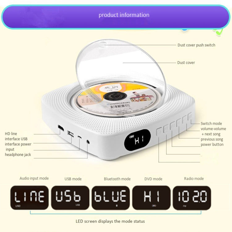 Kecag KC-609 Wall Mounted Home DVD Player Bluetooth CD Player, Specification:CD Version + Not Connected to TV + Charging Version(Blue) - free shipping - PMC Jewellery - Order now!