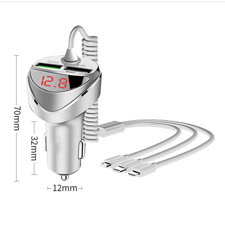 C68 LED Digital Display QC3.0 Fast Car Charger 3 in 1 with Spring Cable (Silver) - Car Charger by PMC TechLife | Online Shopping South Africa | PMC TechLife | Buy Now Pay Later Mobicred