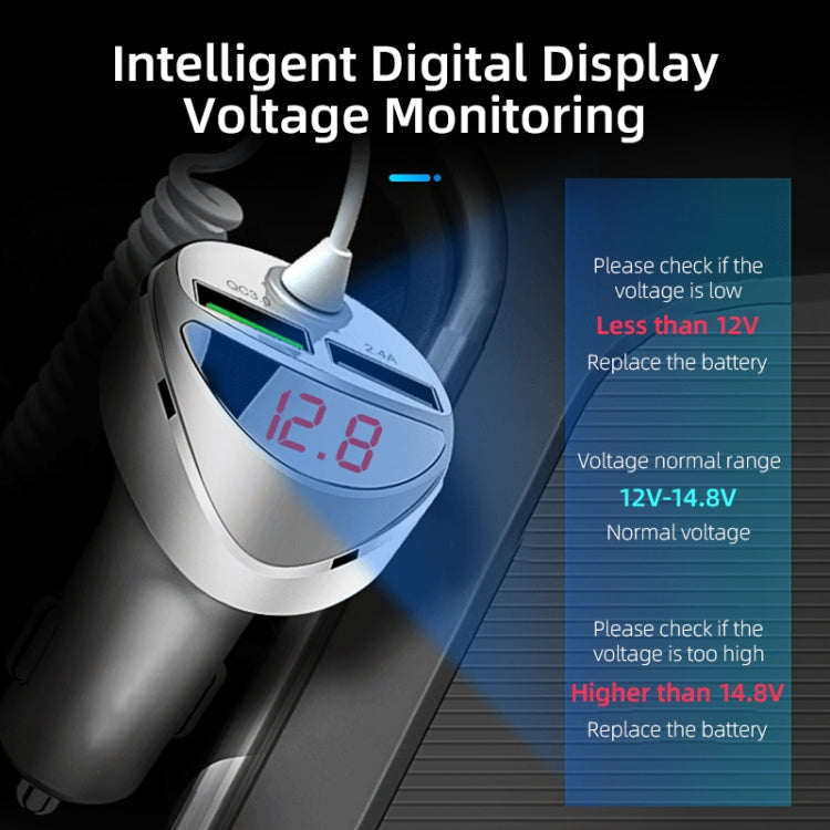 C68 LED Digital Display QC3.0 Fast Car Charger 3 in 1 with Spring Cable (Silver) - Car Charger by PMC TechLife | Online Shopping South Africa | PMC TechLife | Buy Now Pay Later Mobicred