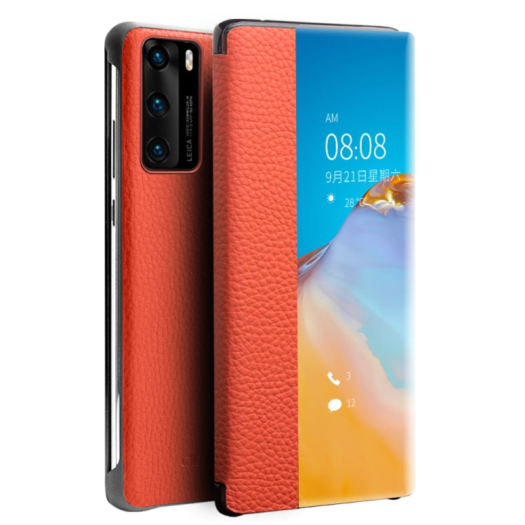 For Huawei P40 Pro QIALINO Litchi Texture Side Window View Leather Phone Case(Orange) - Huawei Cases by QIALINO | Online Shopping South Africa | PMC TechLife | Buy Now Pay Later Mobicred