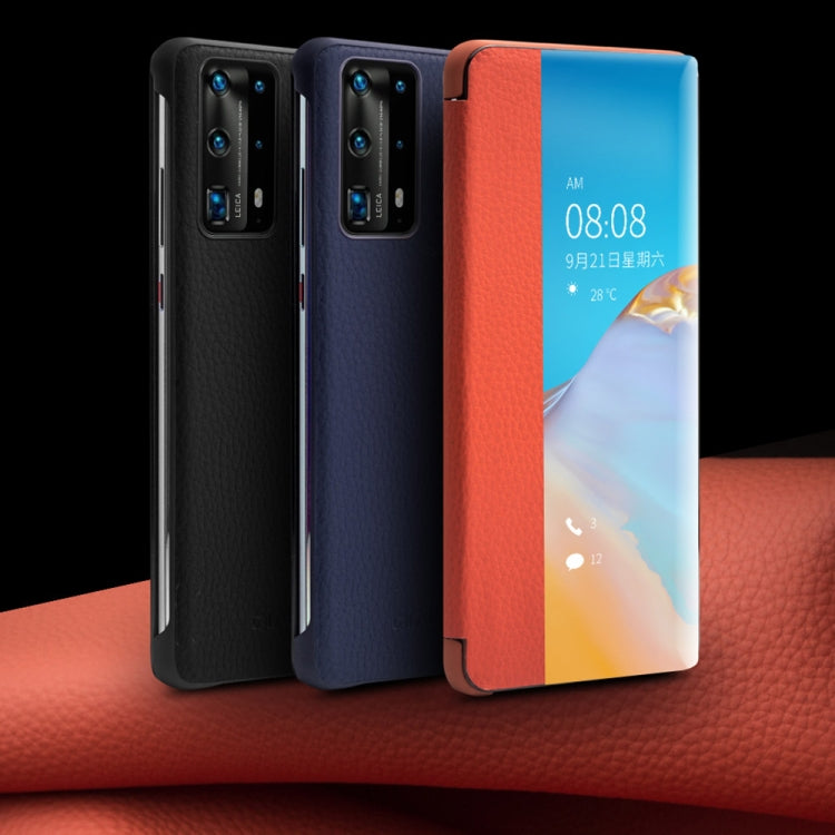 For Huawei P40 Pro QIALINO Litchi Texture Side Window View Leather Phone Case(Orange) - Huawei Cases by QIALINO | Online Shopping South Africa | PMC TechLife | Buy Now Pay Later Mobicred