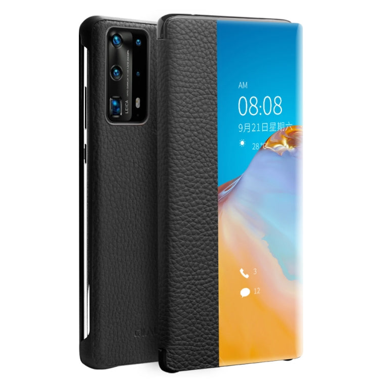 For Huawei P40 QIALINO Litchi Texture Side Window View Leather Phone Case(Black) - Huawei Cases by QIALINO | Online Shopping South Africa | PMC TechLife | Buy Now Pay Later Mobicred