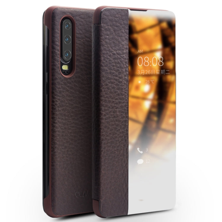 For Huawei P30 QIALINO Genuine Leather Side Window View Smart Phone Case(Brown) - free shipping - PMC TechLife - Order now!
