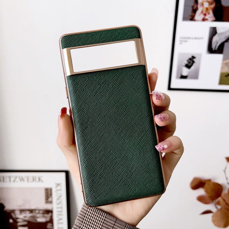 For Google Pixel 6 Pro Nano Electroplating Cross Texture Genuine Leather Phone Case(Green) - Google Cases by PMC TechLife | Online Shopping South Africa | PMC TechLife | Buy Now Pay Later Mobicred