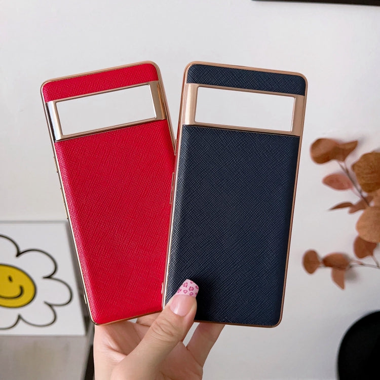 For Google Pixel 6 Nano Electroplating Cross Texture Genuine Leather Phone Case(Blue) - Google Cases by PMC TechLife | Online Shopping South Africa | PMC TechLife | Buy Now Pay Later Mobicred