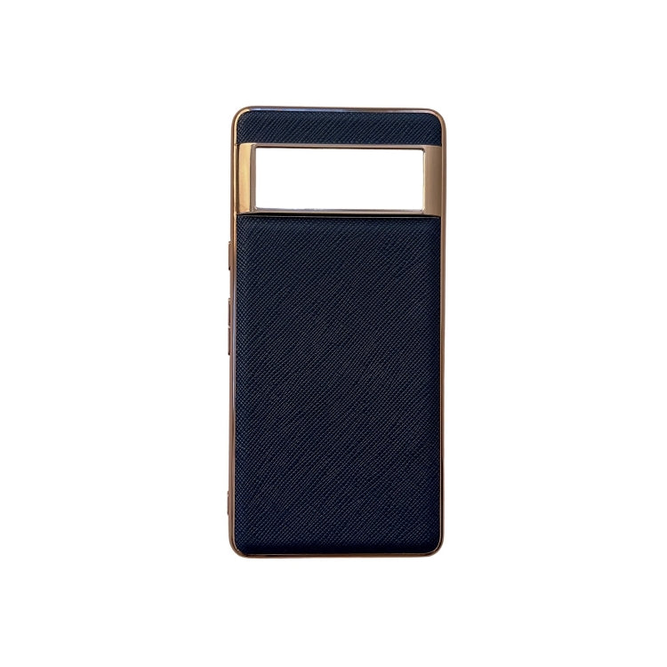 For Google Pixel 7 5G Nano Electroplating Cross Texture Genuine Leather Phone Case(Blue) - Google Cases by PMC TechLife | Online Shopping South Africa | PMC TechLife | Buy Now Pay Later Mobicred