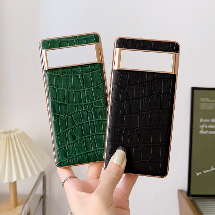 For Google Pixel 6a Crocodile Texture Genuine Leather Electroplating Phone Case(Blue) - Google Cases by PMC TechLife | Online Shopping South Africa | PMC TechLife | Buy Now Pay Later Mobicred