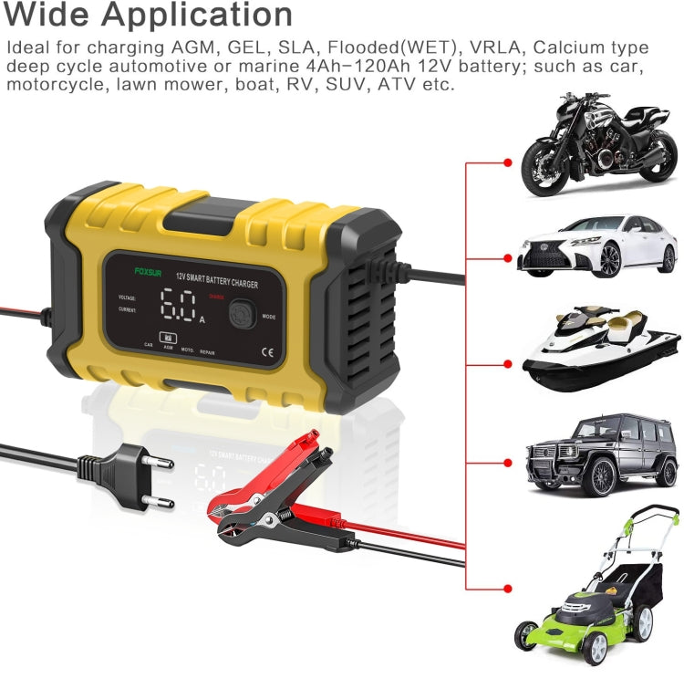FOXSUR 6A 12V Motorcycle / Car Smart Battery Charger, Plug Type:EU Plug(Yellow) - free shipping - PMC TechLife - Order now!