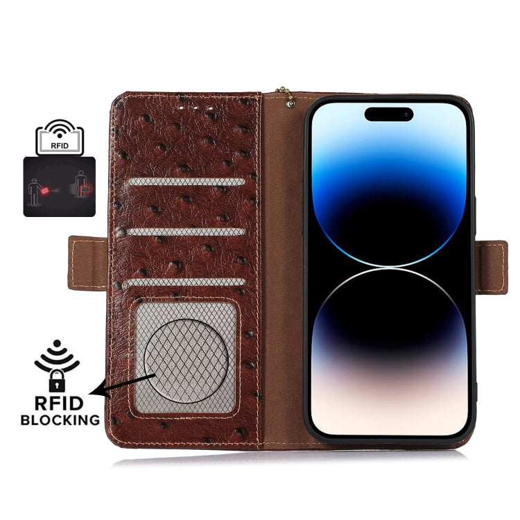 For Motorola Moto G72 4G Ostrich Pattern Genuine Leather RFID Phone Case(Coffee) - Motorola Cases by PMC TechLife | Online Shopping South Africa | PMC TechLife | Buy Now Pay Later Mobicred