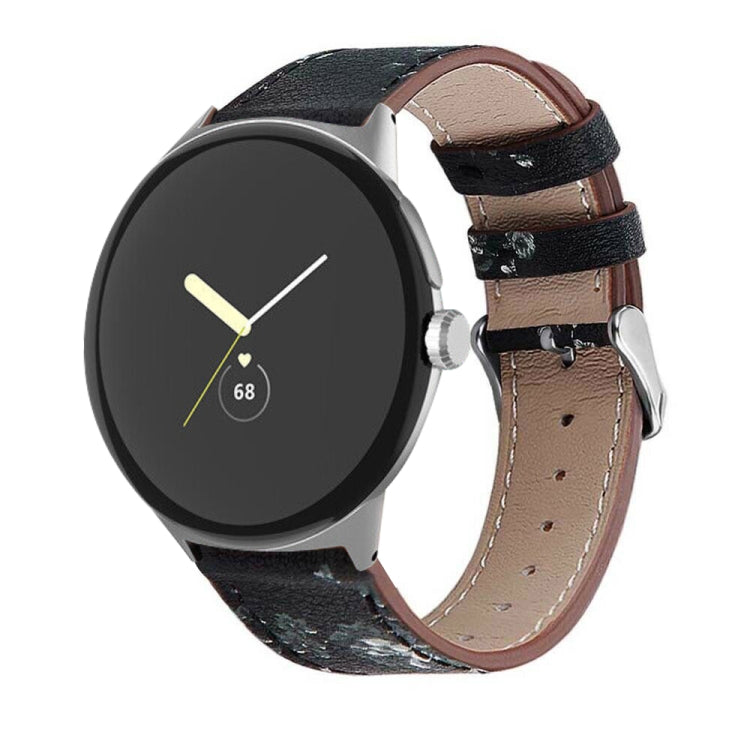 For Google Pixel Watch 1 / 2 / 3 41mm Round Tail Genuine Leather Watch Band(Black White Flower) - free shipping - PMC TechLife - Order now!