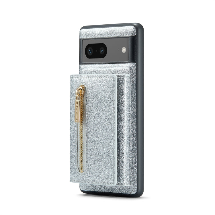 For Google Pixel 7 DG.MING M3 Series Glitter Powder Card Bag Leather Case(Silver) - Google Cases by DG.MING | Online Shopping South Africa | PMC TechLife | Buy Now Pay Later Mobicred