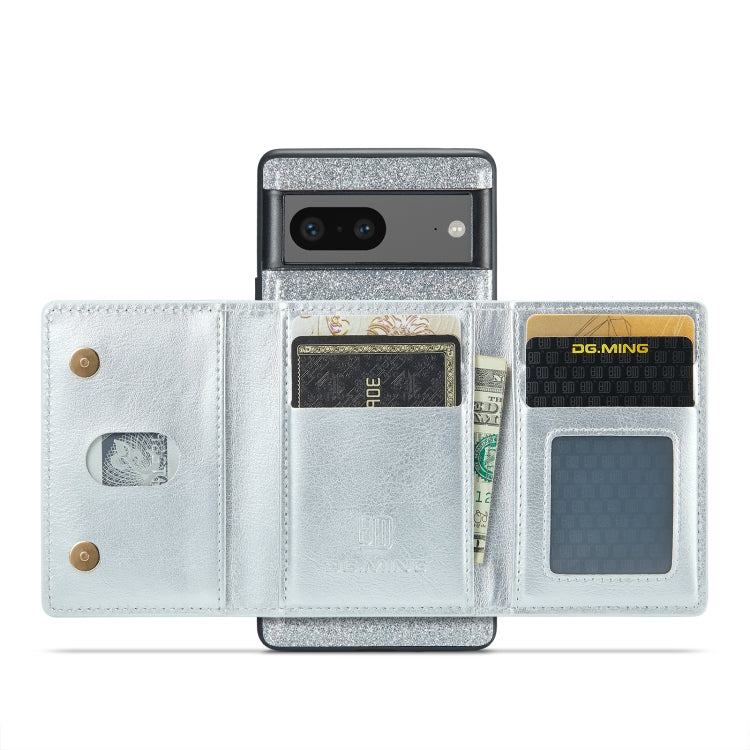 For Google Pixel 7 DG.MING M3 Series Glitter Powder Card Bag Leather Case(Silver) - Google Cases by DG.MING | Online Shopping South Africa | PMC TechLife | Buy Now Pay Later Mobicred