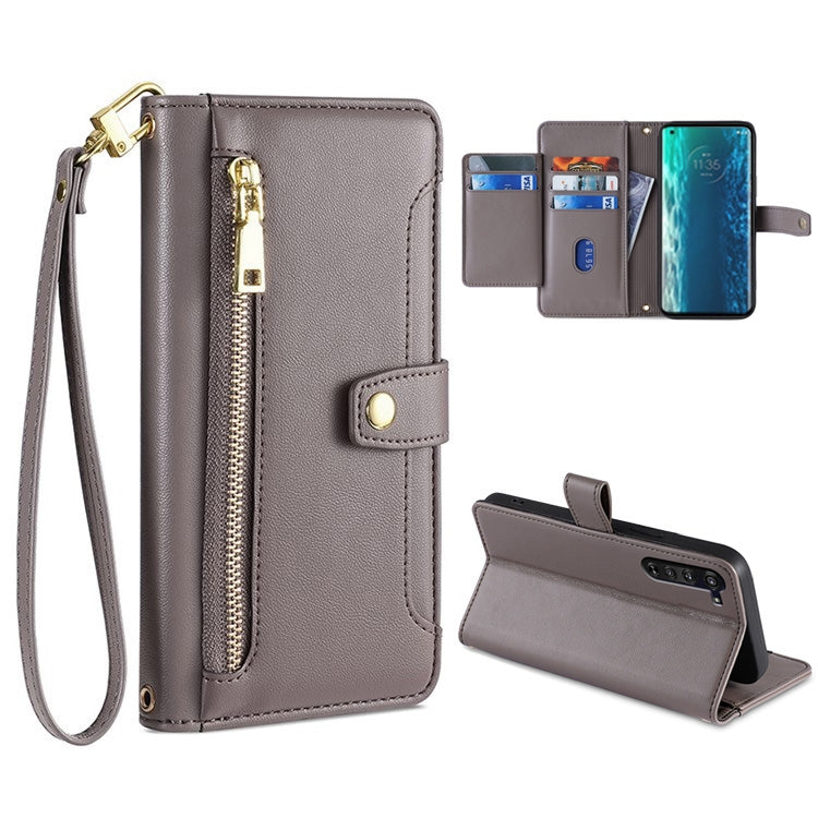 For Motorola Edge Sheep Texture Cross-body Zipper Wallet Leather Phone Case(Grey) - Motorola Cases by PMC TechLife | Online Shopping South Africa | PMC TechLife | Buy Now Pay Later Mobicred