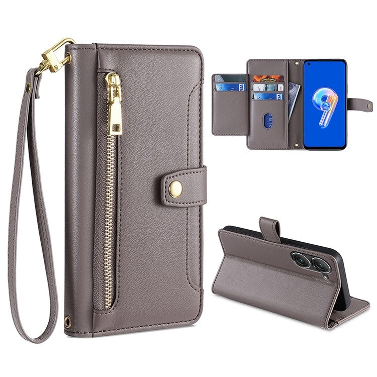 For ASUS Zenfone 9 / Zenfone 9Z Sheep Texture Cross-body Zipper Wallet Leather Phone Case(Grey) - ASUS Cases by PMC TechLife | Online Shopping South Africa | PMC TechLife | Buy Now Pay Later Mobicred