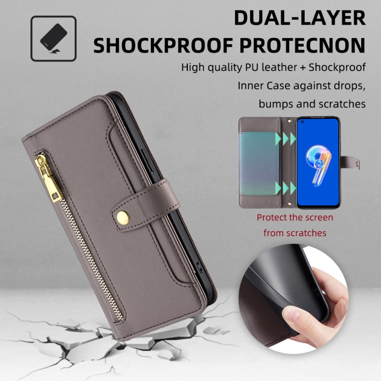 For ASUS Zenfone 9 / Zenfone 9Z Sheep Texture Cross-body Zipper Wallet Leather Phone Case(Grey) - ASUS Cases by PMC TechLife | Online Shopping South Africa | PMC TechLife | Buy Now Pay Later Mobicred