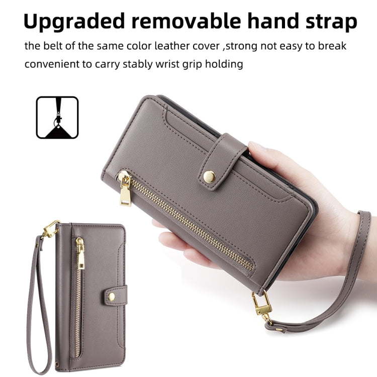 For ASUS Zenfone 9 / Zenfone 9Z Sheep Texture Cross-body Zipper Wallet Leather Phone Case(Grey) - ASUS Cases by PMC TechLife | Online Shopping South Africa | PMC TechLife | Buy Now Pay Later Mobicred