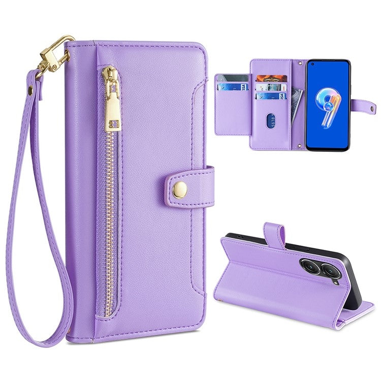 For ASUS Zenfone 9 / Zenfone 9Z Sheep Texture Cross-body Zipper Wallet Leather Phone Case(Purple) - ASUS Cases by PMC TechLife | Online Shopping South Africa | PMC TechLife | Buy Now Pay Later Mobicred