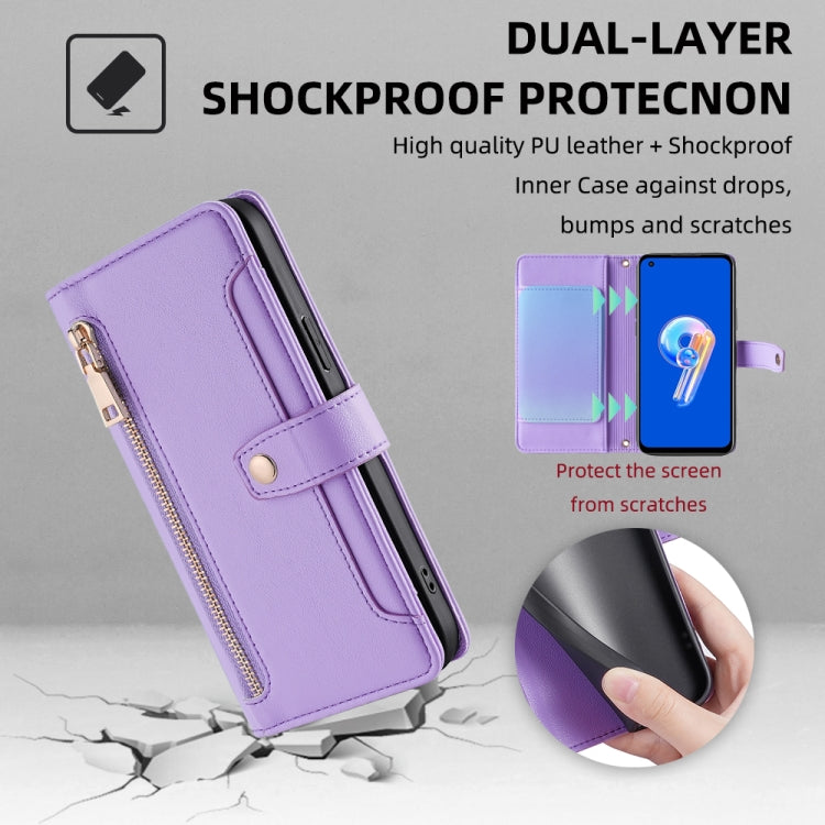 For ASUS Zenfone 9 / Zenfone 9Z Sheep Texture Cross-body Zipper Wallet Leather Phone Case(Purple) - ASUS Cases by PMC TechLife | Online Shopping South Africa | PMC TechLife | Buy Now Pay Later Mobicred