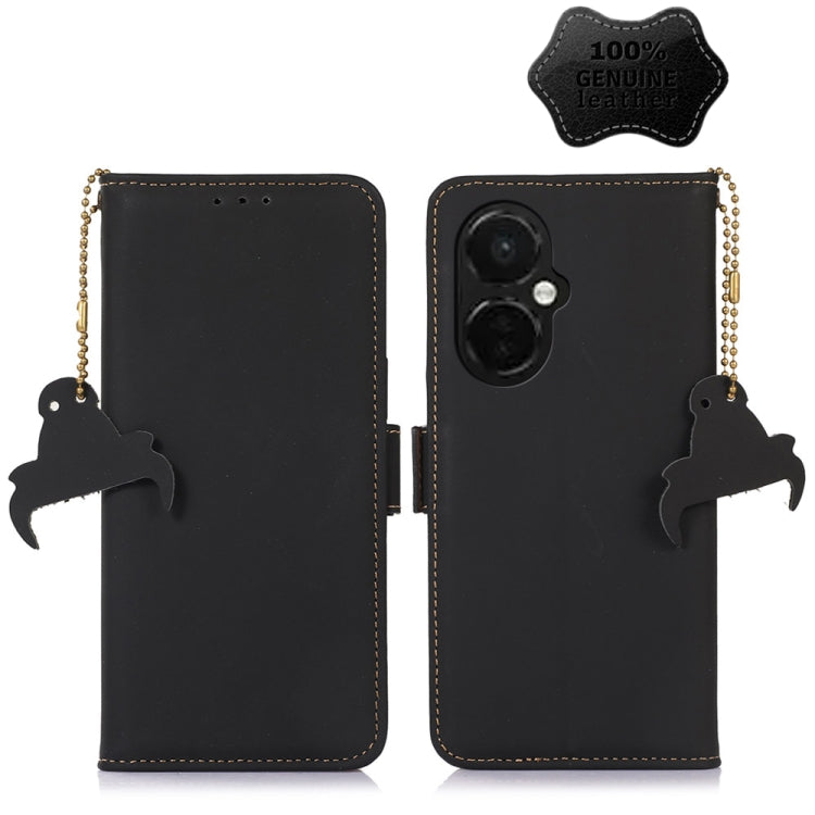 For OnePlus Nord CE 3 Lite Genuine Leather Magnetic RFID Leather Phone Case(Black) - OnePlus Cases by PMC TechLife | Online Shopping South Africa | PMC TechLife | Buy Now Pay Later Mobicred