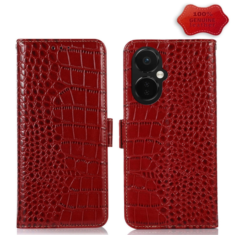 For OnePlus Nord CE 3 Lite Crocodile Top Layer Cowhide RFID Leather Phone Case(Red) - OnePlus Cases by PMC TechLife | Online Shopping South Africa | PMC TechLife | Buy Now Pay Later Mobicred