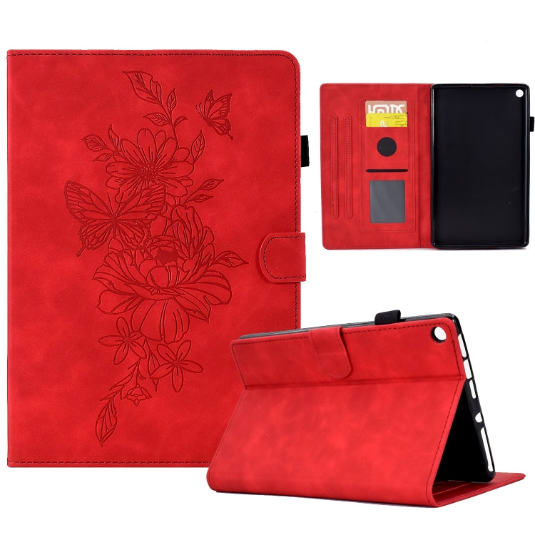 For Amazon Kindle Fire HD8 2018/2017/2016 Peony Butterfly Embossed Leather Smart Tablet Case(Red) - Amazon by PMC TechLife | Online Shopping South Africa | PMC TechLife | Buy Now Pay Later Mobicred