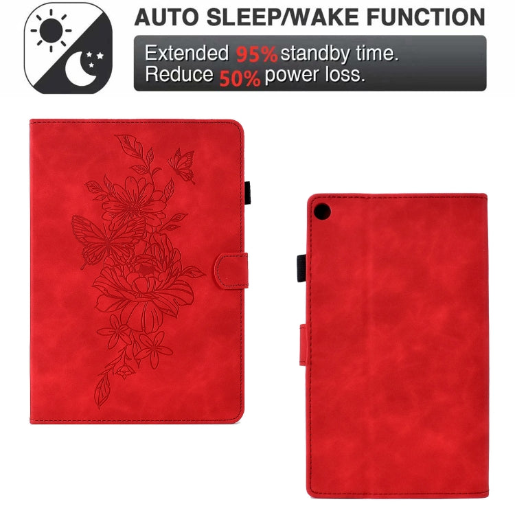 For Amazon Kindle Fire HD8 2018/2017/2016 Peony Butterfly Embossed Leather Smart Tablet Case(Red) - Amazon by PMC TechLife | Online Shopping South Africa | PMC TechLife | Buy Now Pay Later Mobicred