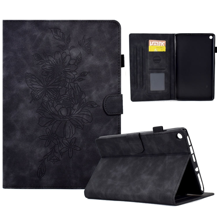 For Amazon Kindle Fire HD8 2018/2017/2016 Peony Butterfly Embossed Leather Smart Tablet Case(Black) - Amazon by PMC TechLife | Online Shopping South Africa | PMC TechLife | Buy Now Pay Later Mobicred