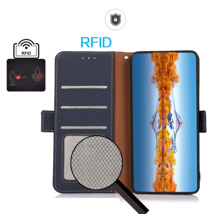 For Motorola Moto G13 / G23 / G53 5G KHAZNEH Side-Magnetic Litchi Genuine Leather RFID Phone Case(Blue) - Motorola Cases by PMC TechLife | Online Shopping South Africa | PMC TechLife | Buy Now Pay Later Mobicred