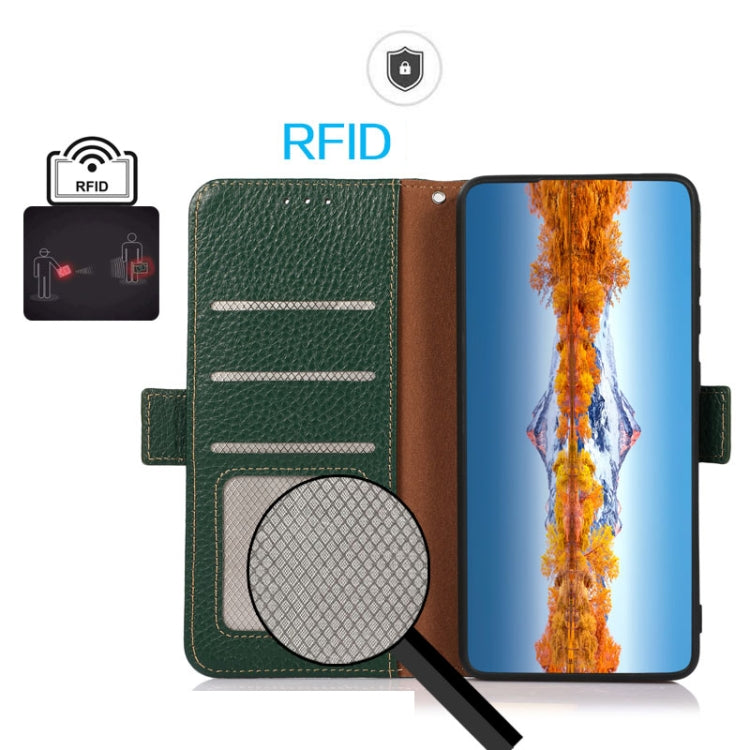 For Motorola Moto G73 5G KHAZNEH Side-Magnetic Litchi Genuine Leather RFID Phone Case(Green) - Motorola Cases by PMC TechLife | Online Shopping South Africa | PMC TechLife | Buy Now Pay Later Mobicred
